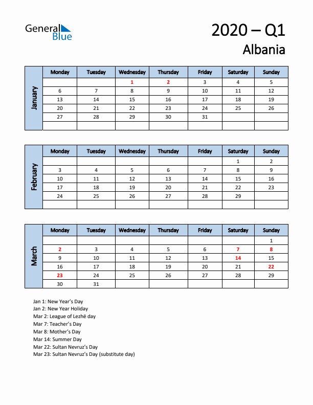 Free Q1 2020 Calendar for Albania - Monday Start