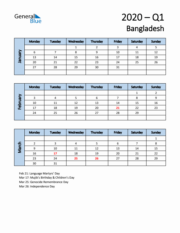 Free Q1 2020 Calendar for Bangladesh - Monday Start