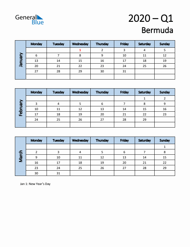 Free Q1 2020 Calendar for Bermuda - Monday Start