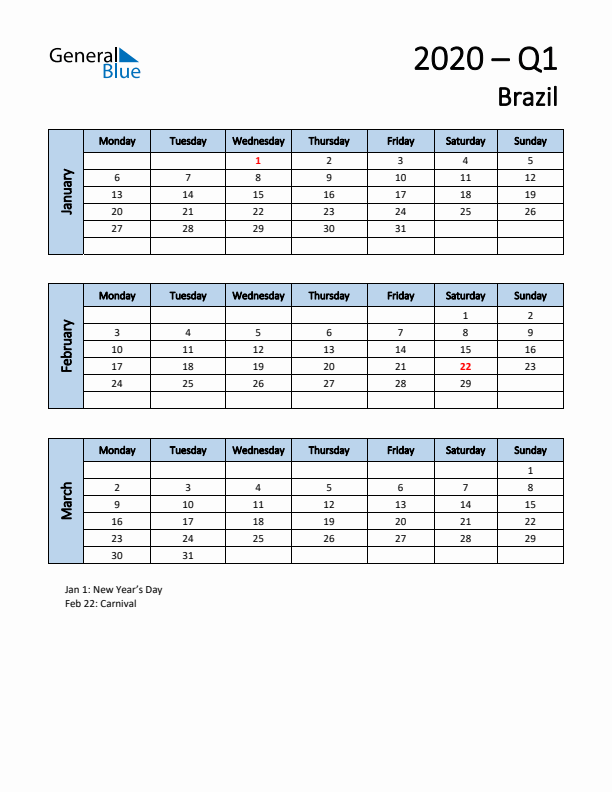 Free Q1 2020 Calendar for Brazil - Monday Start