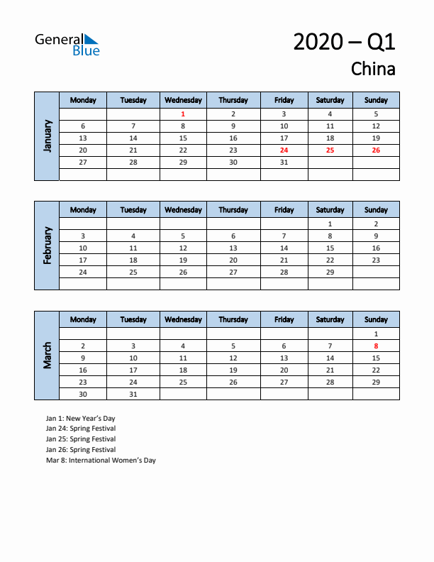 Free Q1 2020 Calendar for China - Monday Start