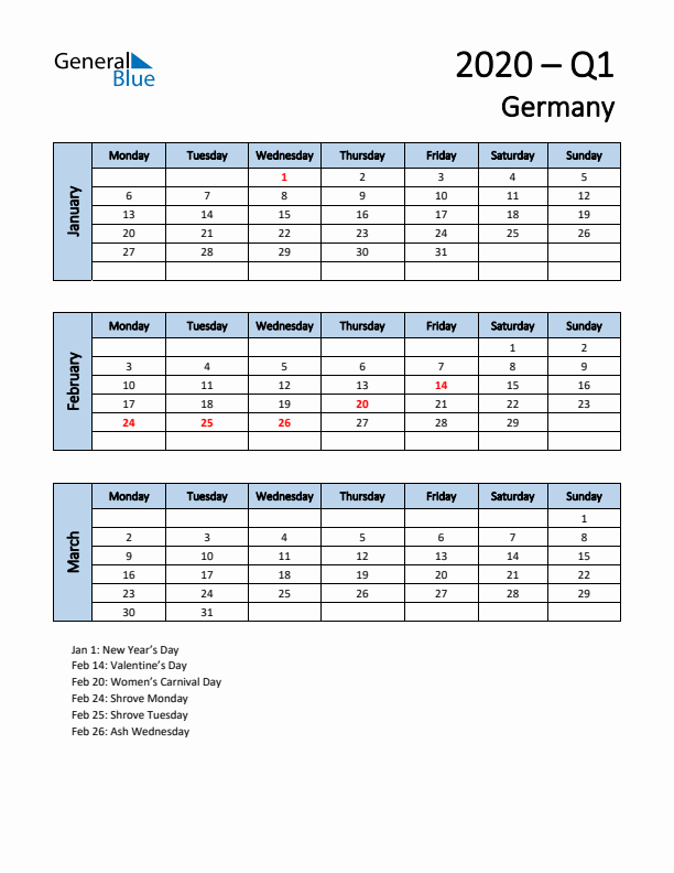 Free Q1 2020 Calendar for Germany - Monday Start