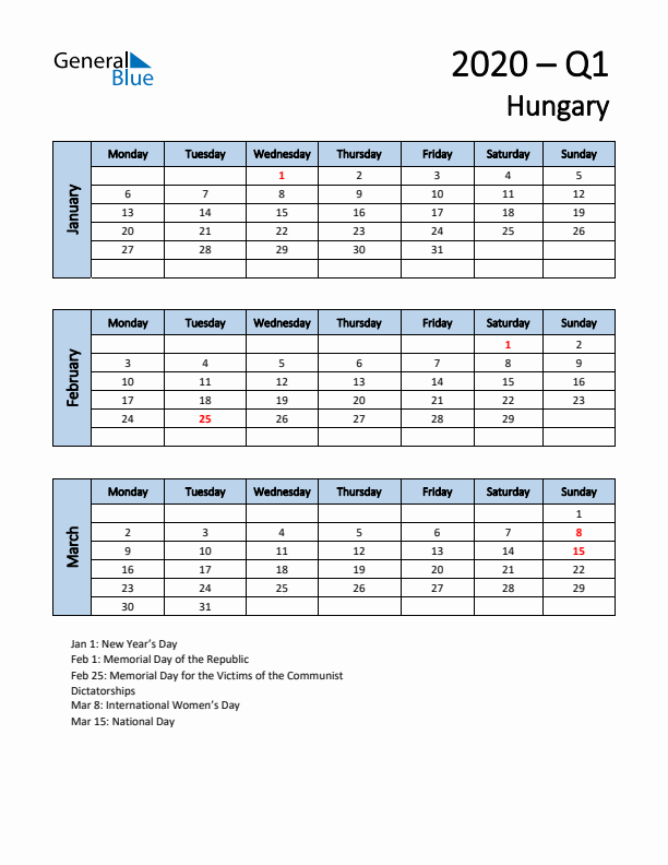 Free Q1 2020 Calendar for Hungary - Monday Start