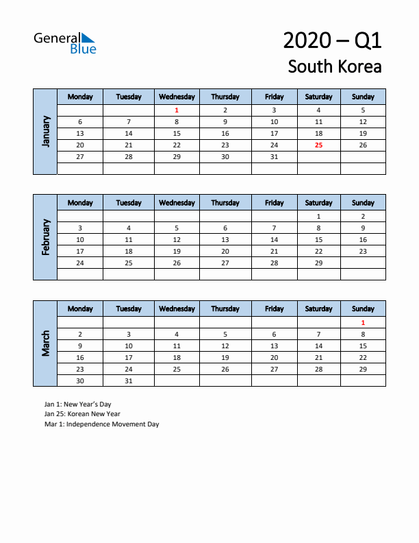 Free Q1 2020 Calendar for South Korea - Monday Start