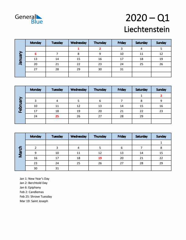 Free Q1 2020 Calendar for Liechtenstein - Monday Start