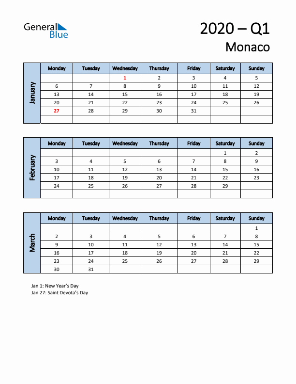 Free Q1 2020 Calendar for Monaco - Monday Start