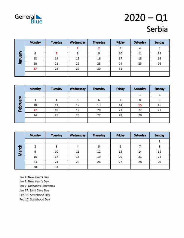 Free Q1 2020 Calendar for Serbia - Monday Start