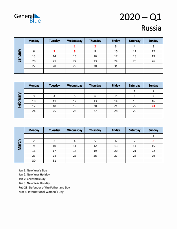 Free Q1 2020 Calendar for Russia - Monday Start