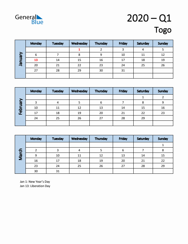 Free Q1 2020 Calendar for Togo - Monday Start