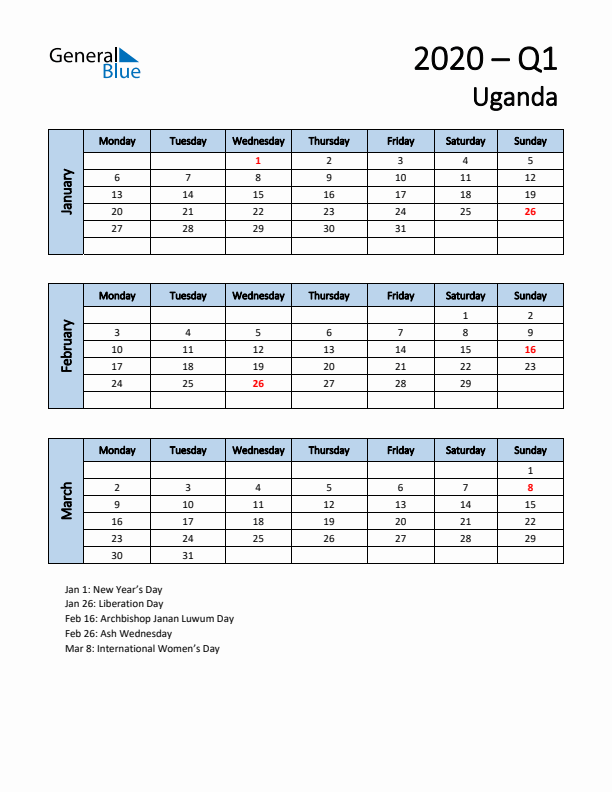 Free Q1 2020 Calendar for Uganda - Monday Start