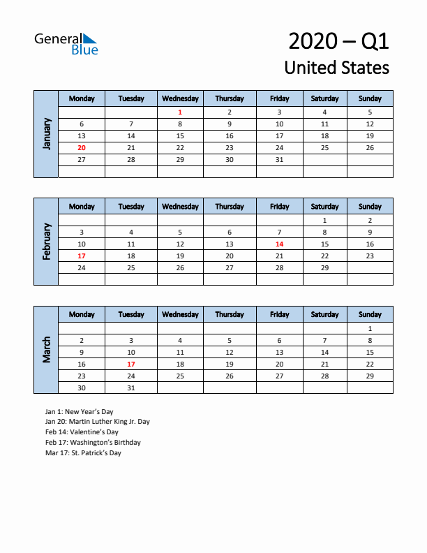 Free Q1 2020 Calendar for United States - Monday Start