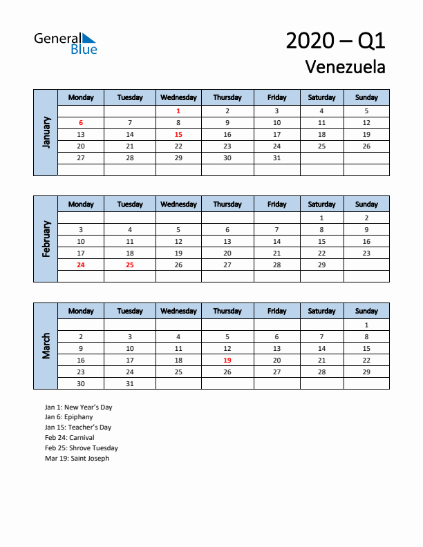 Free Q1 2020 Calendar for Venezuela - Monday Start