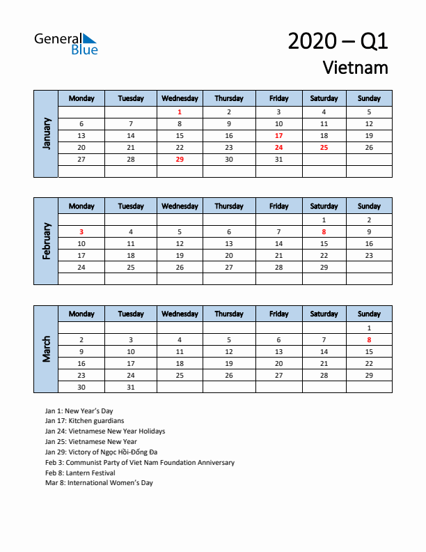 Free Q1 2020 Calendar for Vietnam - Monday Start