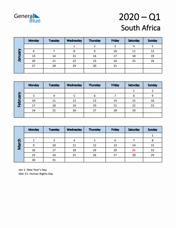 Free Q1 2020 Calendar for South Africa - Monday Start