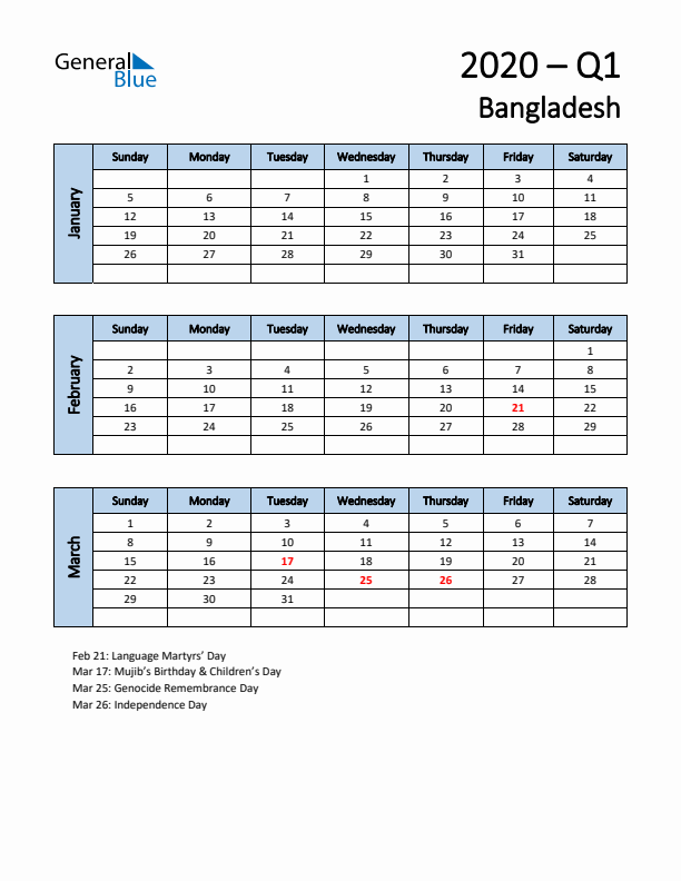 Free Q1 2020 Calendar for Bangladesh - Sunday Start