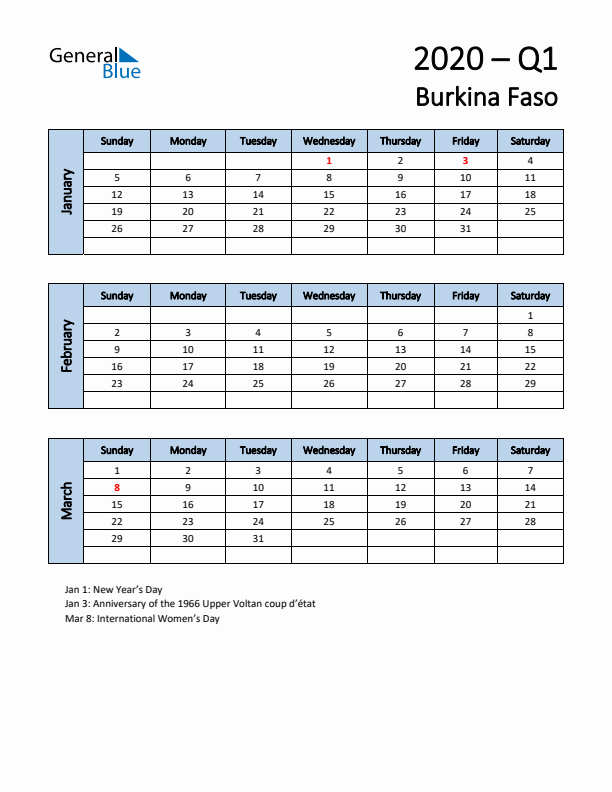 Free Q1 2020 Calendar for Burkina Faso - Sunday Start