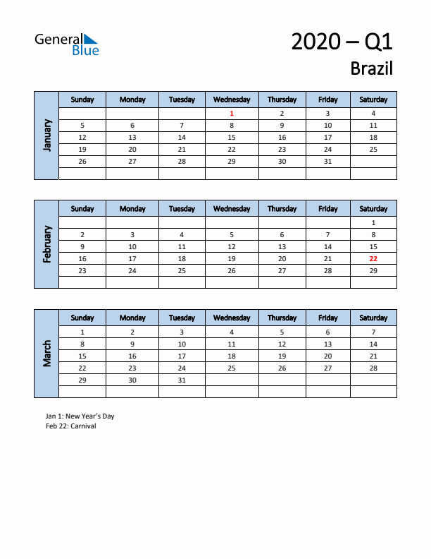 Free Q1 2020 Calendar for Brazil - Sunday Start