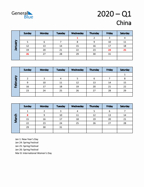 Free Q1 2020 Calendar for China - Sunday Start