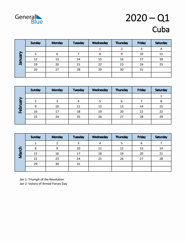 Free Q1 2020 Calendar for Cuba - Sunday Start