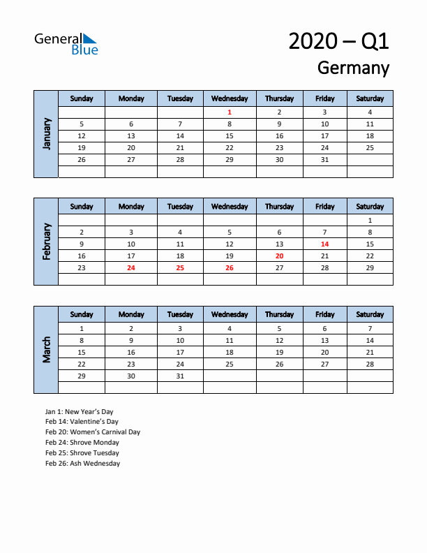 Free Q1 2020 Calendar for Germany - Sunday Start