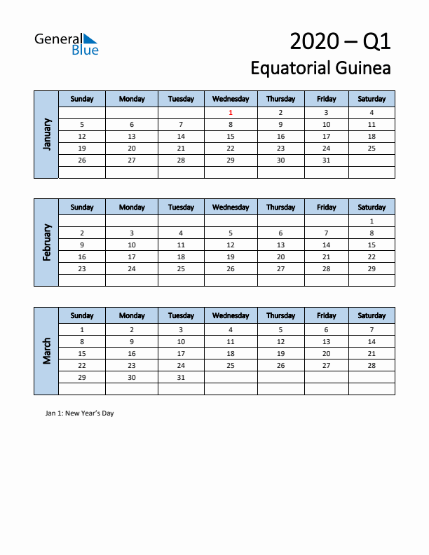 Free Q1 2020 Calendar for Equatorial Guinea - Sunday Start