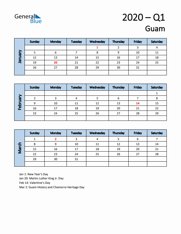 Free Q1 2020 Calendar for Guam - Sunday Start