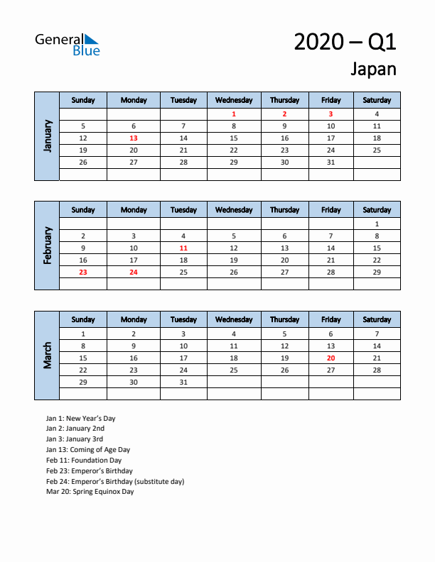 Free Q1 2020 Calendar for Japan - Sunday Start