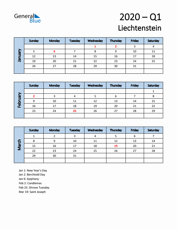 Free Q1 2020 Calendar for Liechtenstein - Sunday Start
