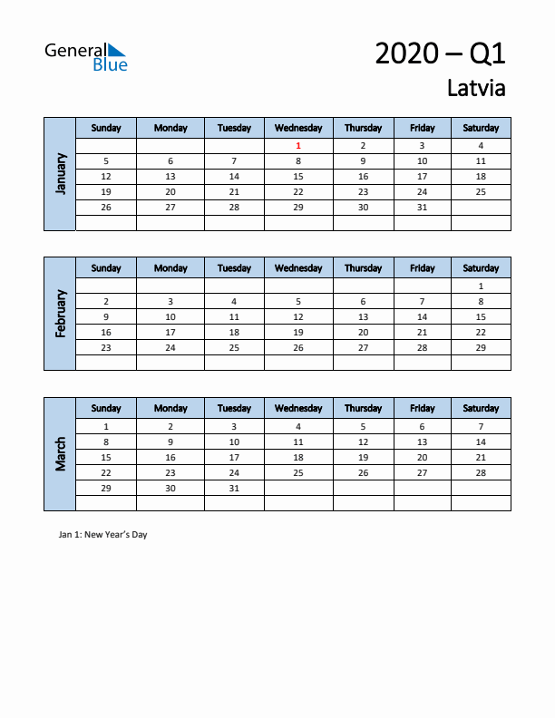 Free Q1 2020 Calendar for Latvia - Sunday Start