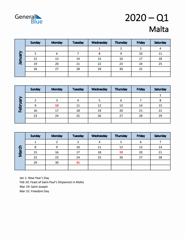 Free Q1 2020 Calendar for Malta - Sunday Start