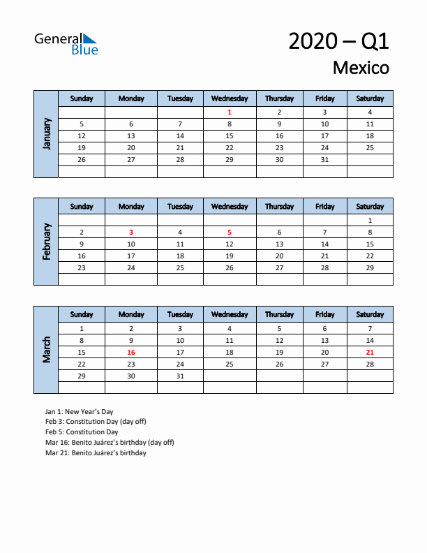 Free Q1 2020 Calendar for Mexico - Sunday Start