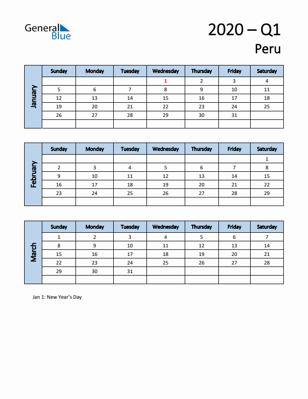 Free Q1 2020 Calendar for Peru - Sunday Start