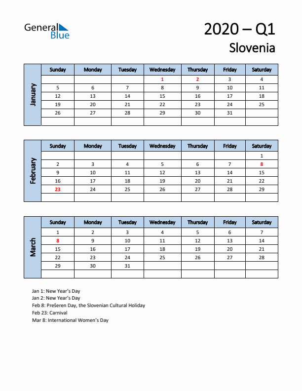 Free Q1 2020 Calendar for Slovenia - Sunday Start