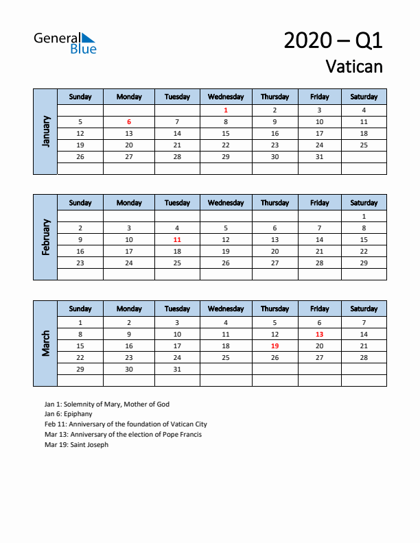 Free Q1 2020 Calendar for Vatican - Sunday Start