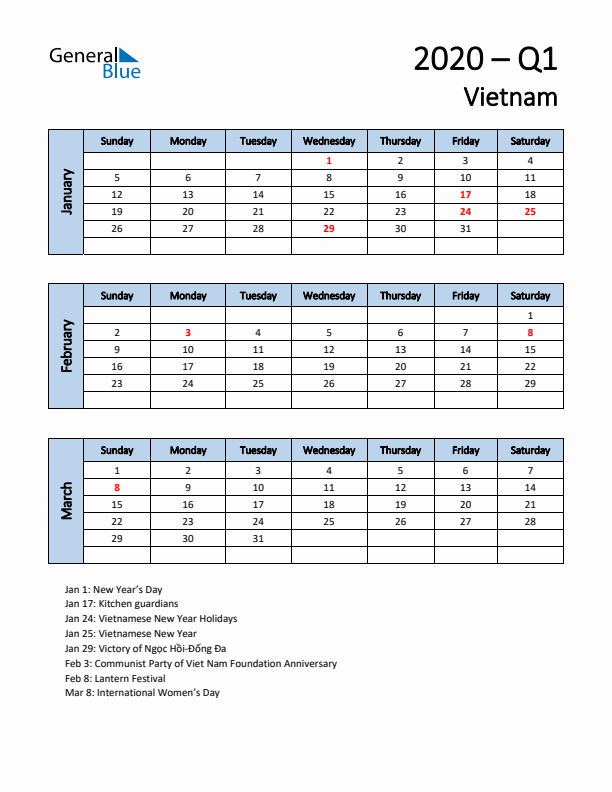 Free Q1 2020 Calendar for Vietnam - Sunday Start