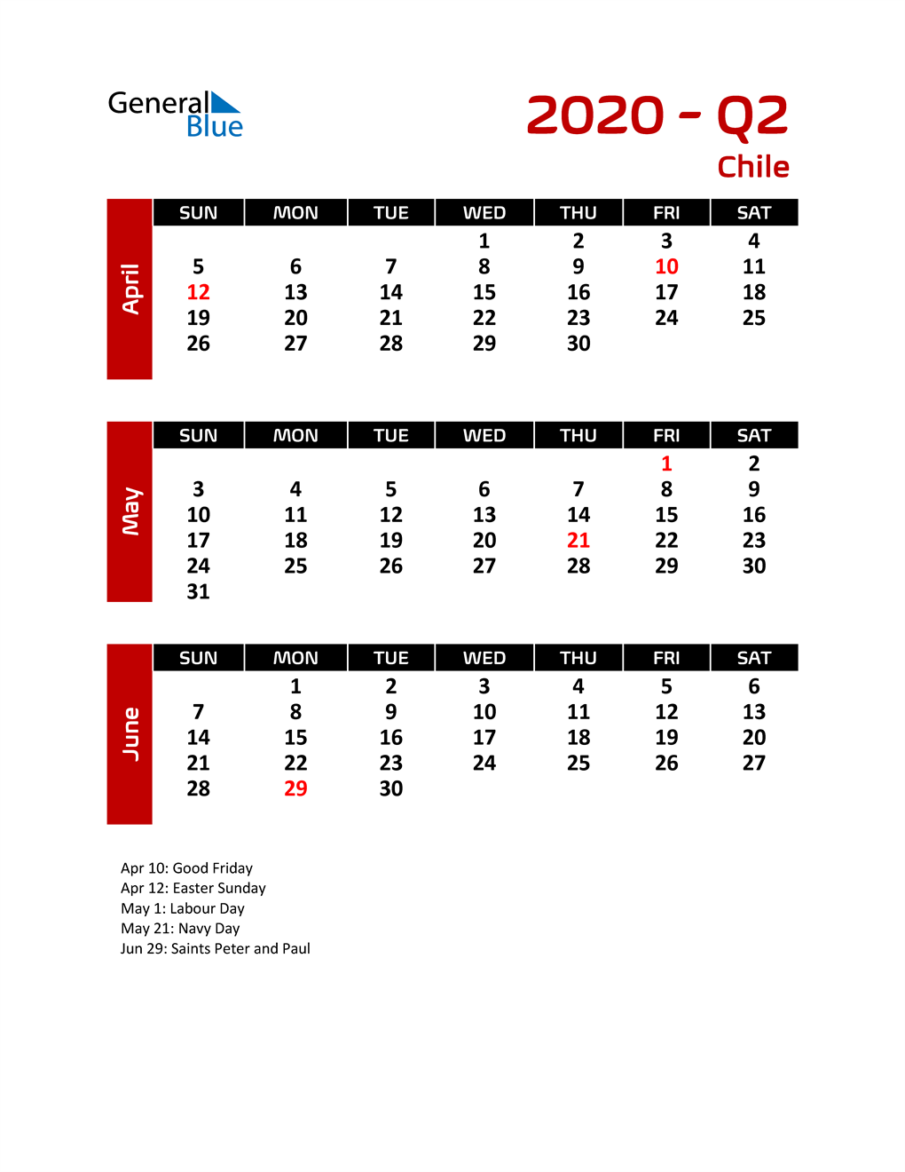  Q2 2020 Calendar with Holidays