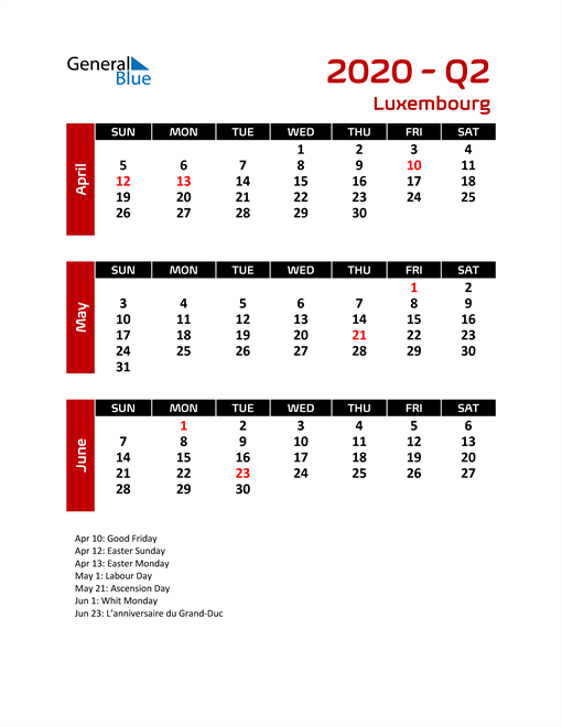  Q2 2020 Calendar with Holidays