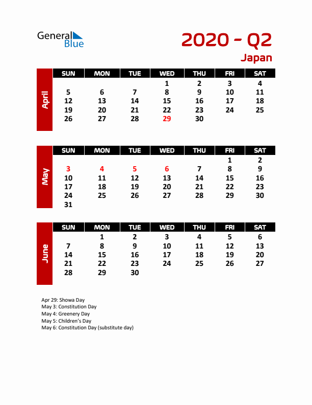 Q2 2020 Calendar with Holidays