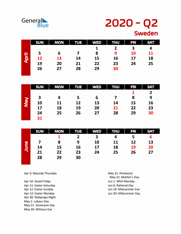 Q2 2020 Calendar with Holidays
