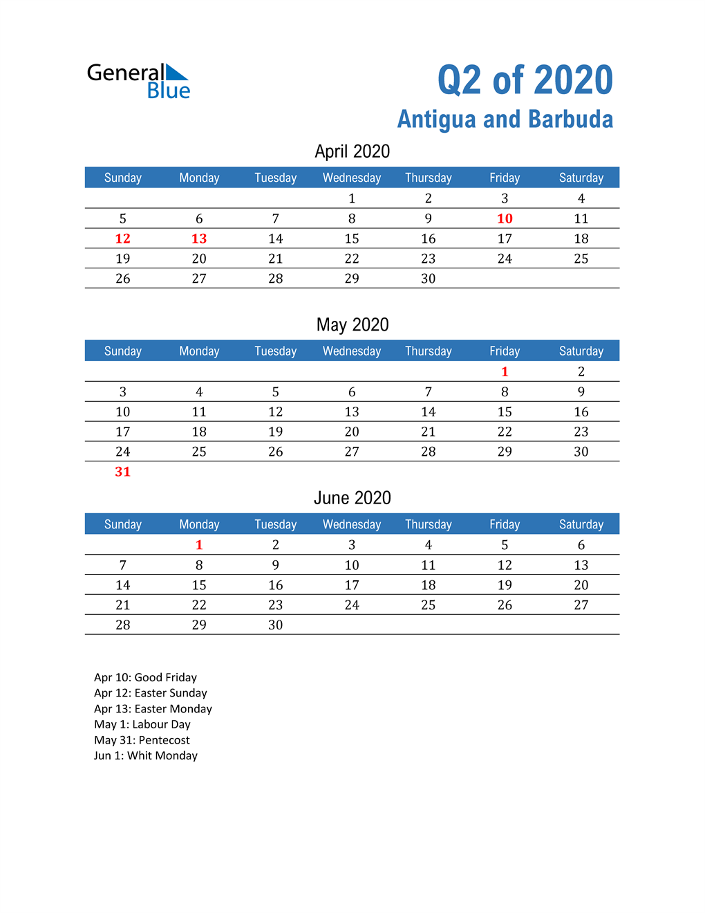  Antigua and Barbuda 2020 Quarterly Calendar 