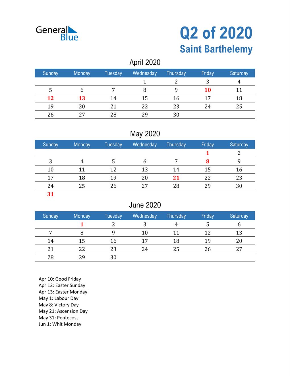  Saint Barthelemy 2020 Quarterly Calendar 