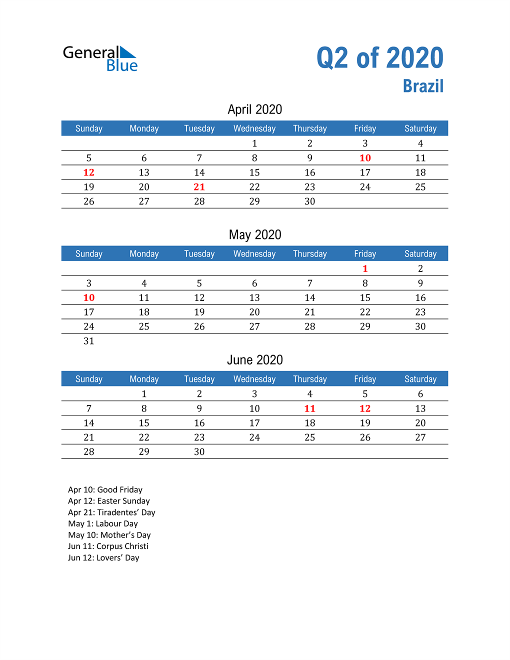  Brazil 2020 Quarterly Calendar 