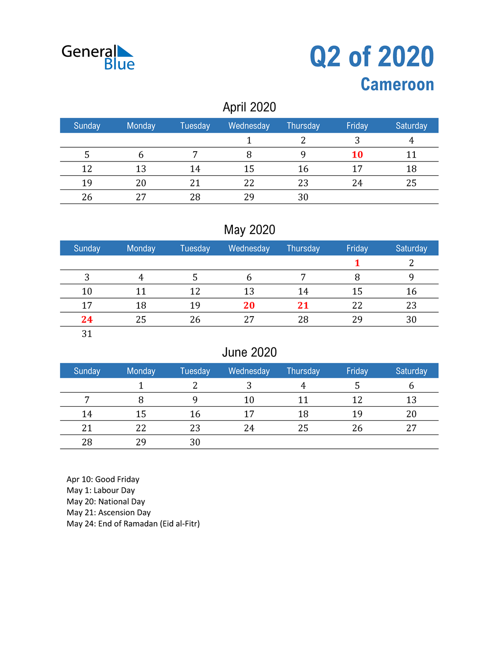  Cameroon 2020 Quarterly Calendar 