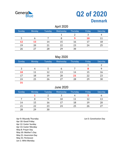  Denmark 2020 Quarterly Calendar 