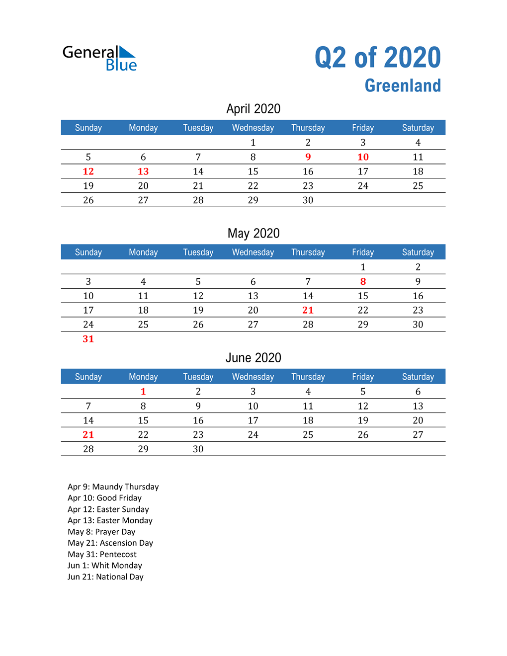  Greenland 2020 Quarterly Calendar 