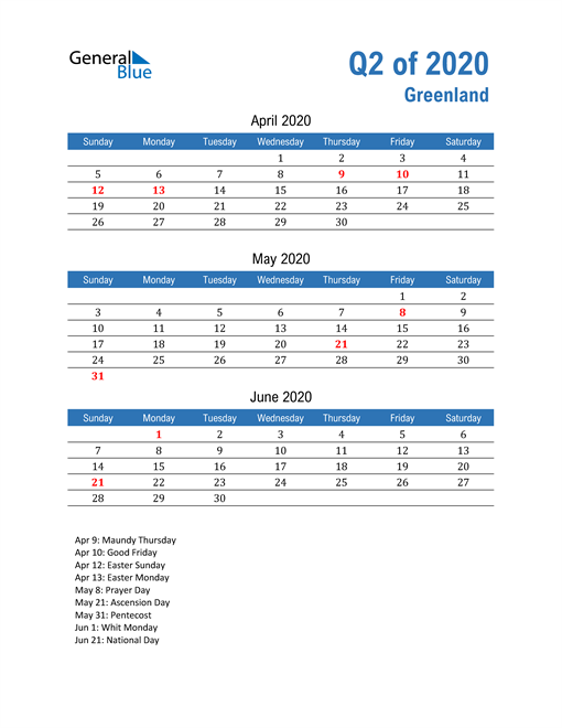  Greenland 2020 Quarterly Calendar 