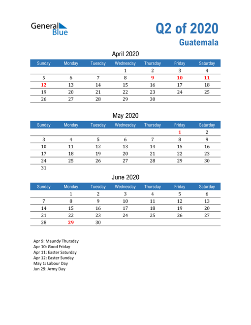 Guatemala 2020 Quarterly Calendar 