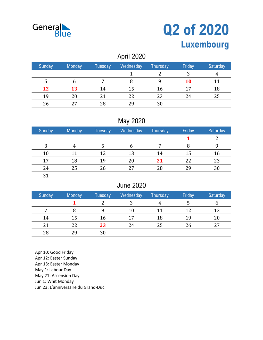  Luxembourg 2020 Quarterly Calendar 