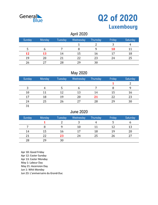  Luxembourg 2020 Quarterly Calendar 