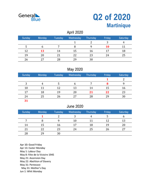  Martinique 2020 Quarterly Calendar 
